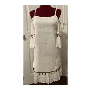 NWT Basically Me Sz M/L Off White Cold Shoulder Brown Beaded Midi Dress Boho